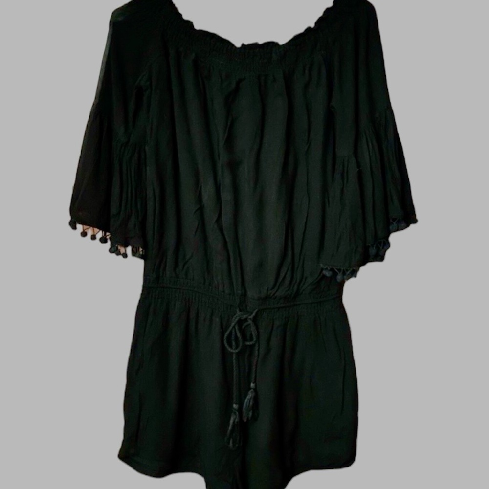 ANTHROPOLOGIE LILKA ROMPER TASSEL JUMPSUIT COVERUP PLAYSUIT BLACK SMALL S